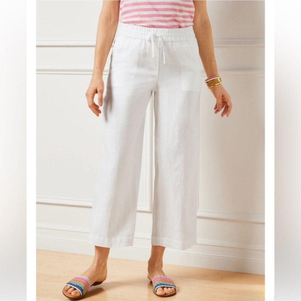 Talbots White Linen Wide Leg Crop Pants, M